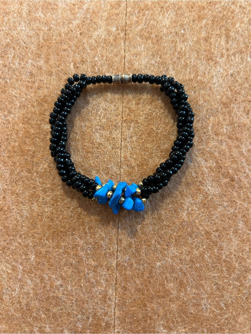 Vintage Handmade Chunky Black Beaded Bracelet with Blue Stone Accent